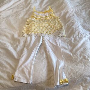 Mud Pie Yellow and White Ruffled Lacy Overlay Top w/ white Leggings with bows